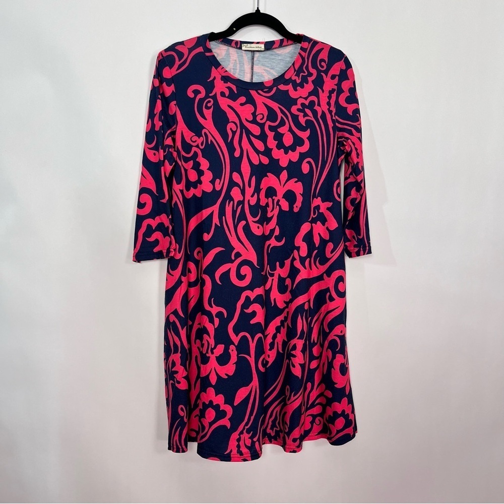 Southern Stitch Tunic Top Shift Dress Pink Red Print on Navy size small
